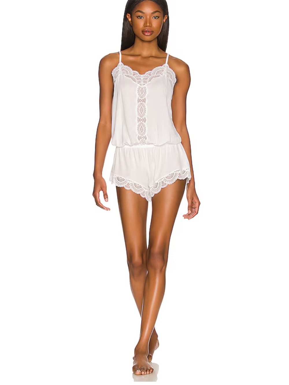 Eberjey Lace-Trim White Romper Sleepwear - Women M